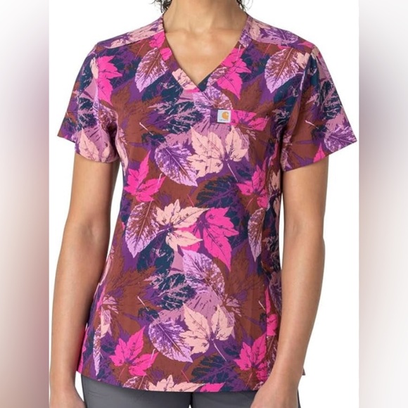 Carhartt Women's Leaf Print Scrub Top - Pink and Brown. NWT. Medium - Picture 1 of 9